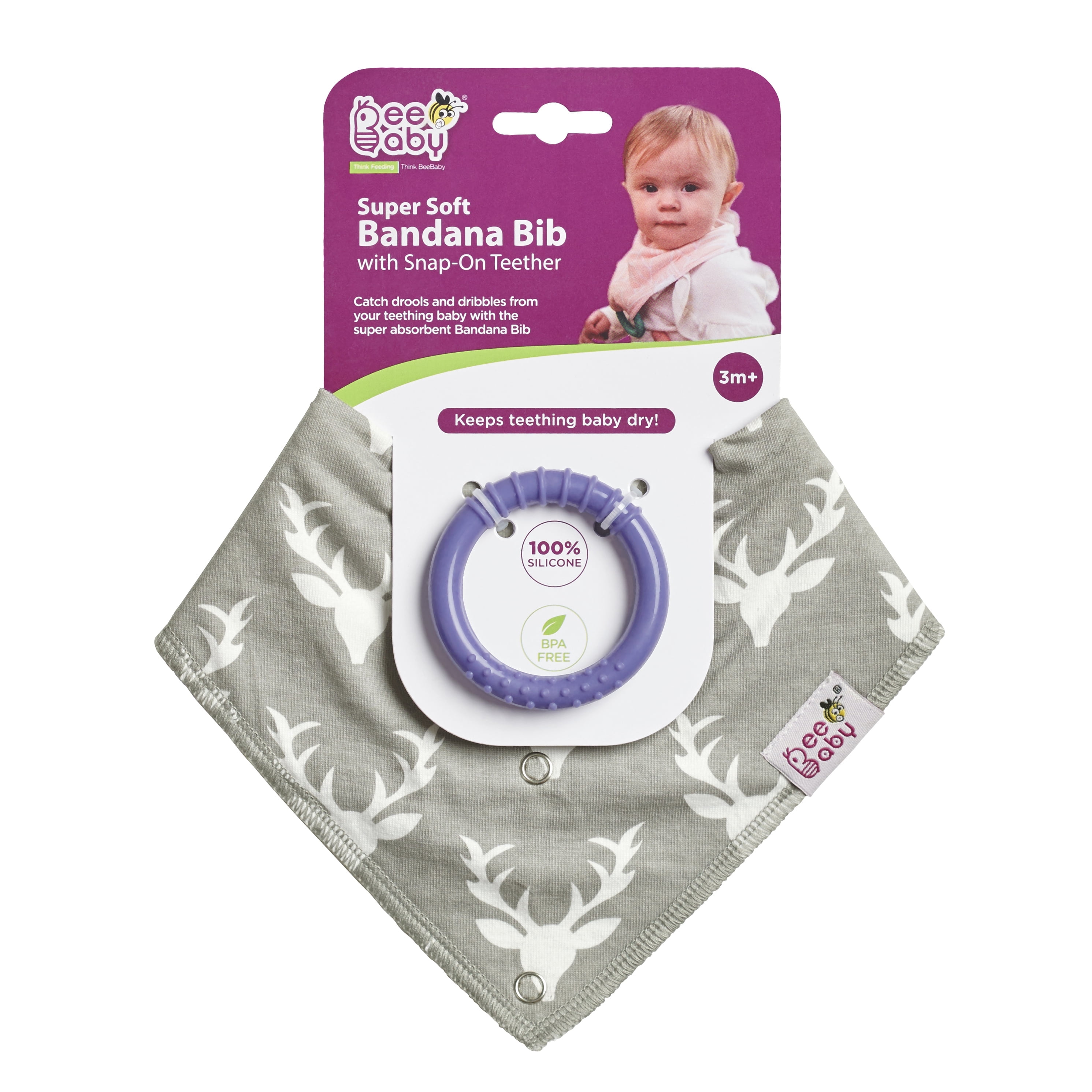 BeeBaby Baby Bib with Snap-on Teether, Grey Print