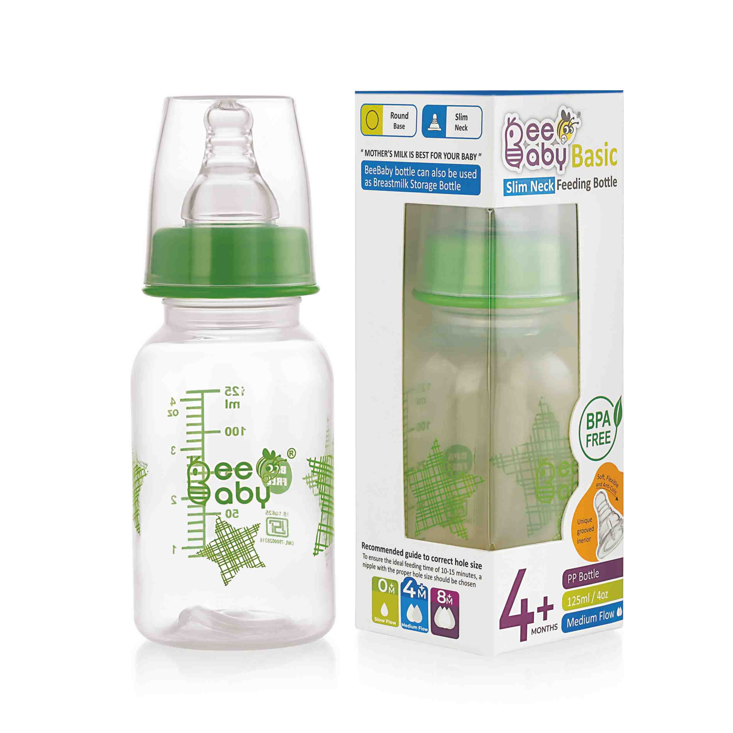 BeeBaby Basic Round base feeding bottle with peristaltic nipple 125ML / 4Oz.-Green