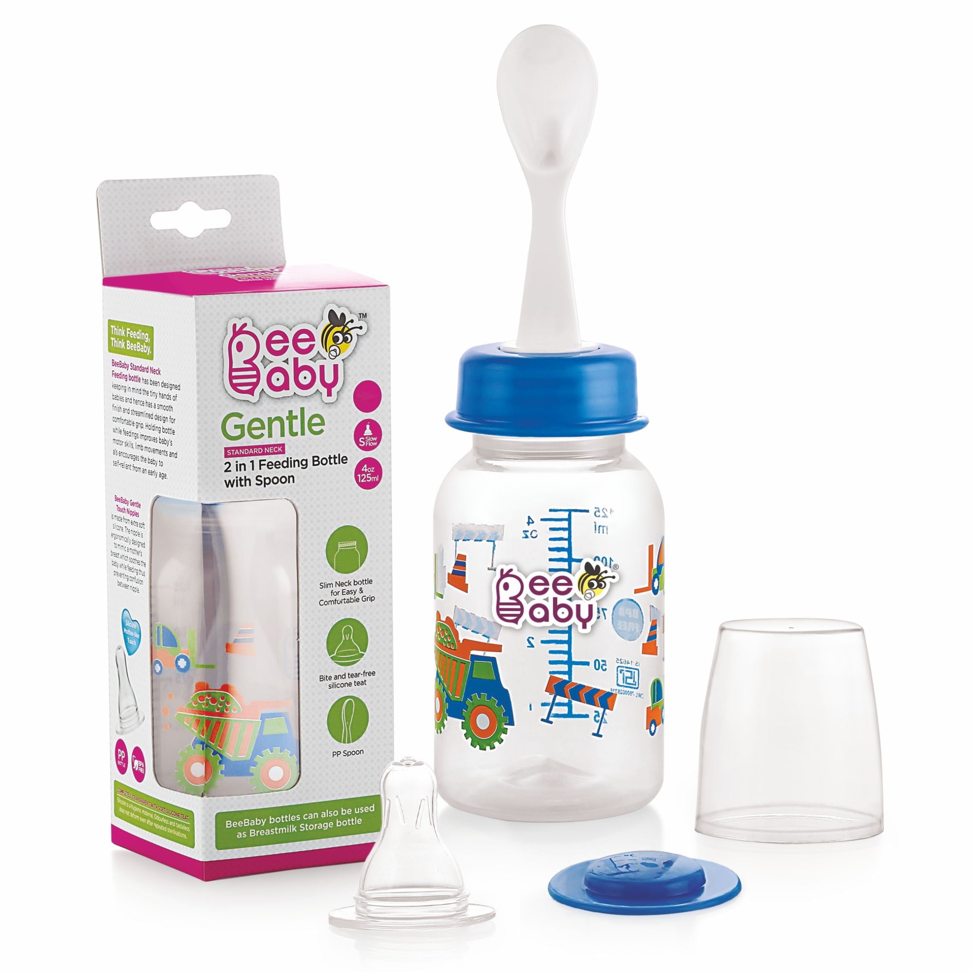 BeeBaby Gentle 2 in 1 Standard Neck Feeding Bottle with Feeder Plastic Spoon 125ML / 5Oz.-Blue