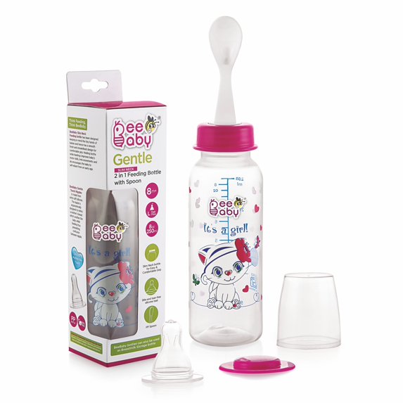 BeeBaby Gentle 2 in 1 Standard Neck Feeding Bottle with Feeder Plastic Spoon 250ML / 9Oz.-Pink