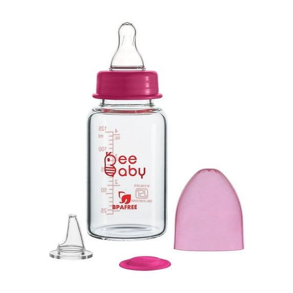 BeeBaby Options+ Anti-colic Glass Bottle to Sippy Glass Bottle Starter Kit, 4oz./125ml. -Pink
