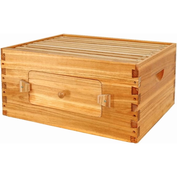BeeCastle 10 Frame Deep Bee Hive Box, Langstroth Beehive Boxes Dipped in 100% Natural Beeswax with Window, Beehive Frames and Beeswaxed Foundations (Unassembled)