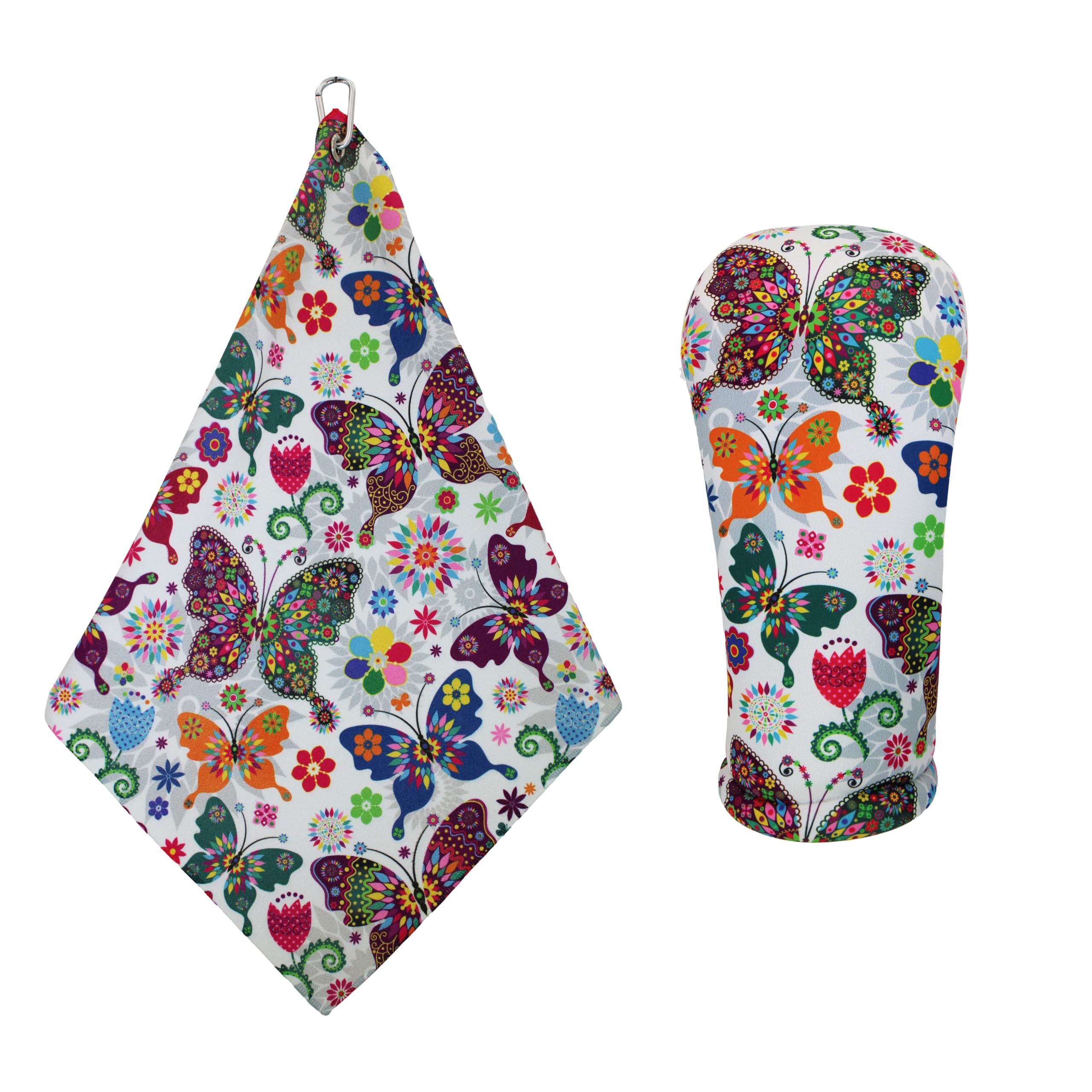 BeeJo's Sports Butterfly Bliss Golf Gift Ensemble: Driver Headcover & Coordinated Microfiber Towel Set with Carabiner - Handcrafted in the USA, Premium Accessories for Golf Enthusiasts