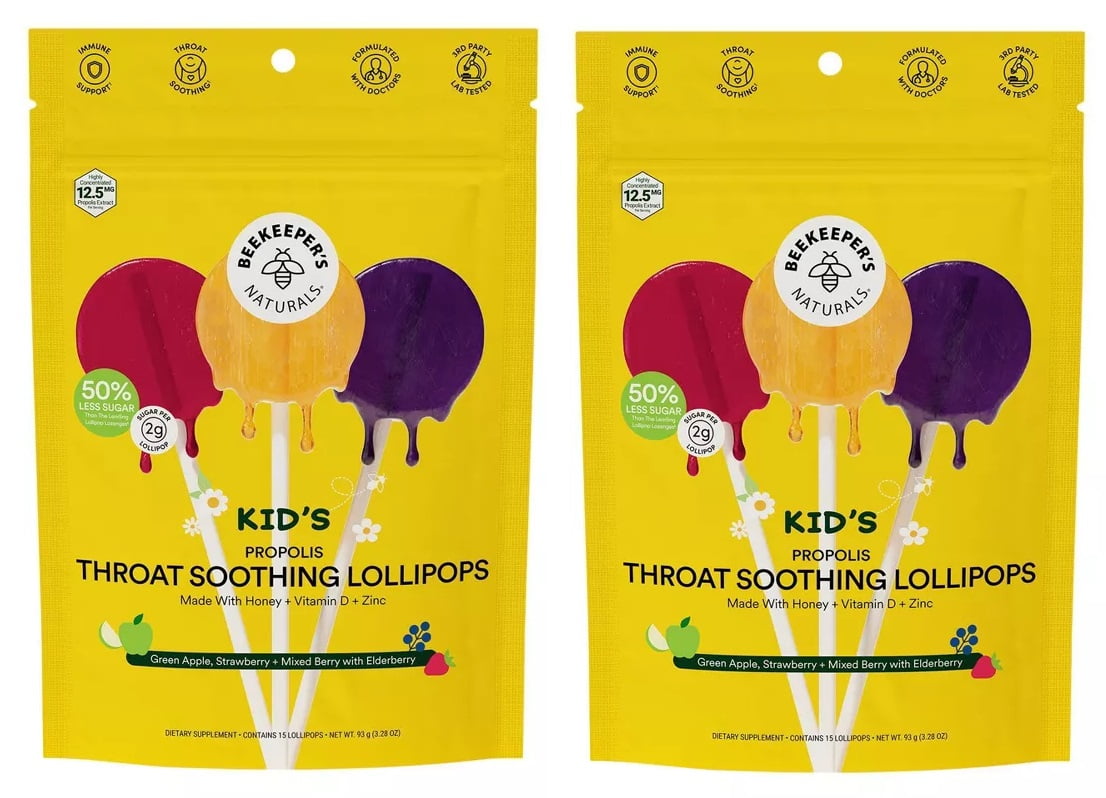 BeeKeeper's Naturals Kid's Propolis Throat Soothing Lollipops 15-Count (2-Pack)