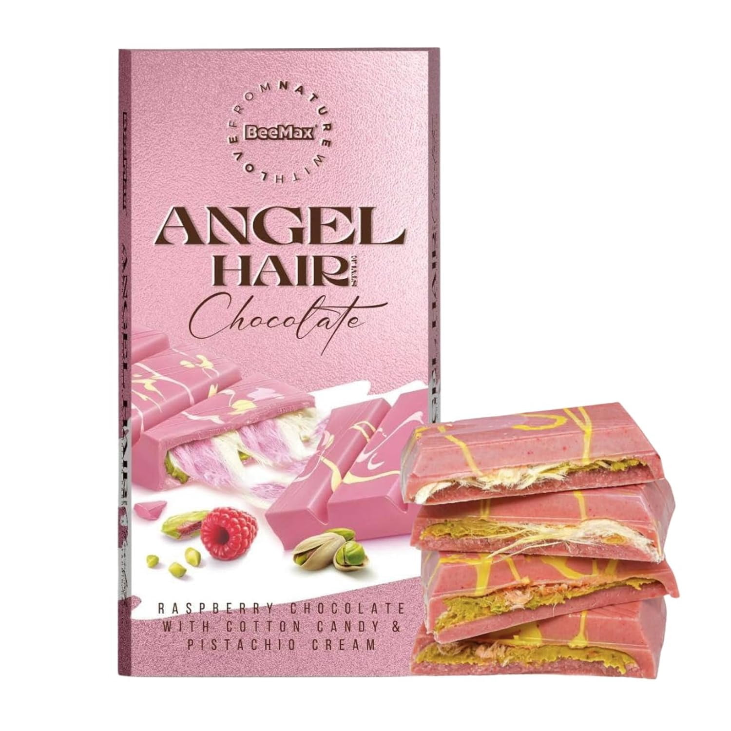 BeeMax Angel Hair Dubai BCF26 Chocolate Bar, 6oz White Chocolate Bar with Pistachio Cream & Cotton Candy - Unique Middle Eastern Luxury Gourmet Candy - Ideal for Gift or Special Occasions