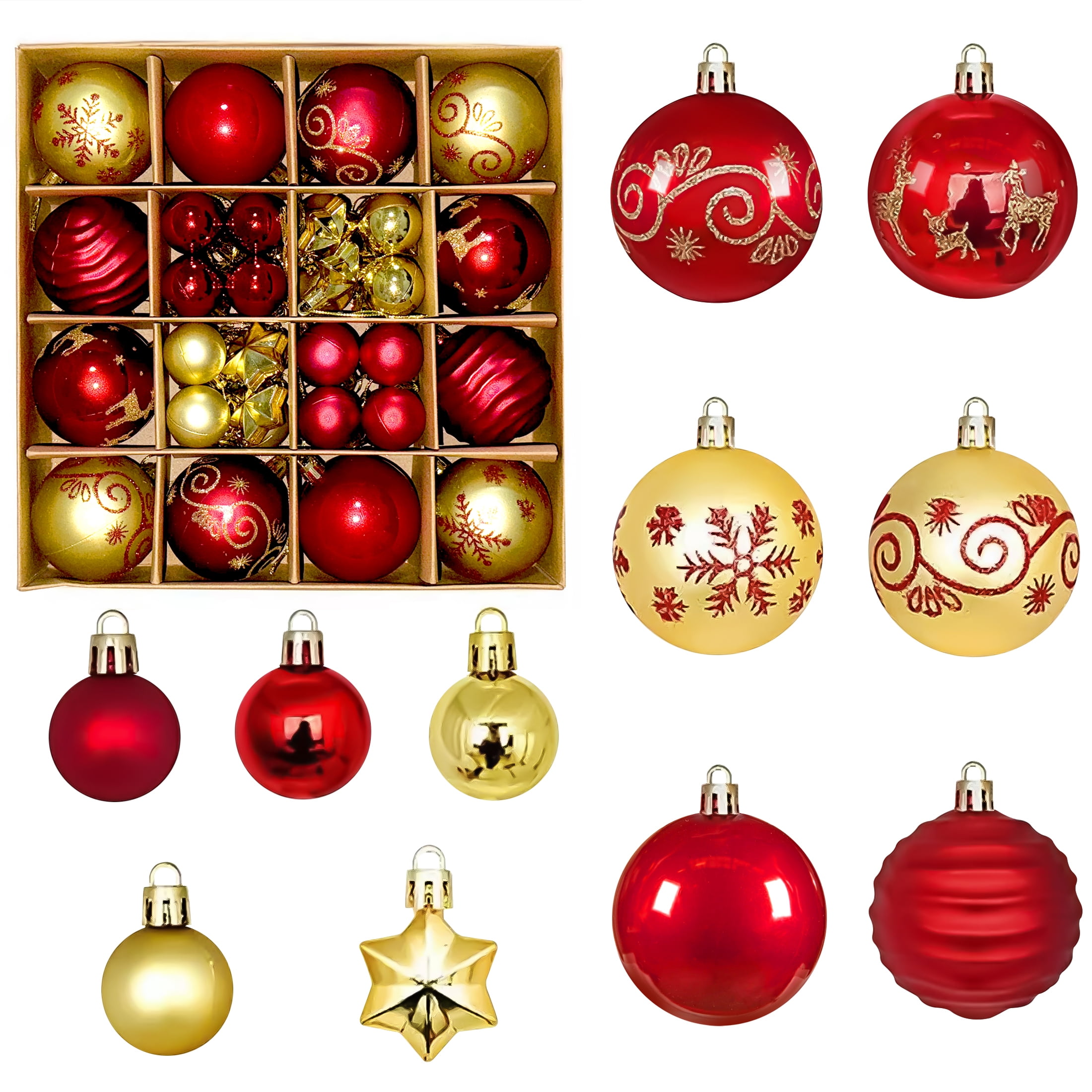 BeePrincess 44 Piece Christmas Ornament Set, Christmas Ball, Red and Gold, Christmas Tree Decorations