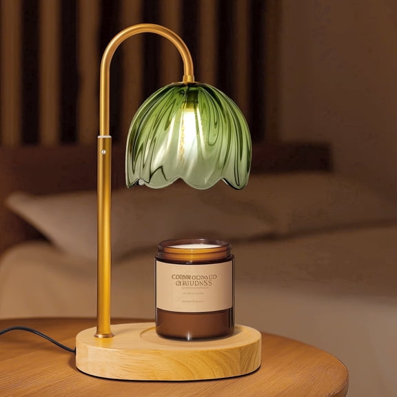 BEEPRINCESS Candle Warmer Lamp with Timer and Dimmable Light, Adjustable Height Jar Candle Warmer, Green Glass Shade, 2 Bulbs