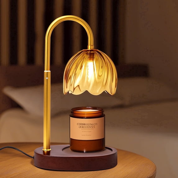 BEEPRINCESS Candle Warmer Lamp with Timer and Dimmable Light, Adjustable Height Jar Candle Warmer, Gold Glass Shade, 2 Bulbs