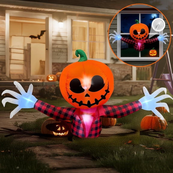 BeePrincess 5 FT Halloween Inflatable Pumpkin Ghost Outdoor LED Blow-Up Decoration with Giant Arms, Light-Up Eyes, Waterproof Yard Decor for Lawn and Garden