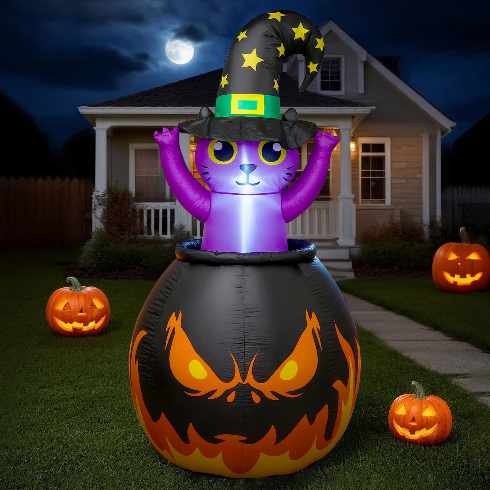 BeePrincess 6FT Halloween Inflatable - Glowing Witch Cat with LED Lights, Halloween Party Indoor Outdoor Yard Garden