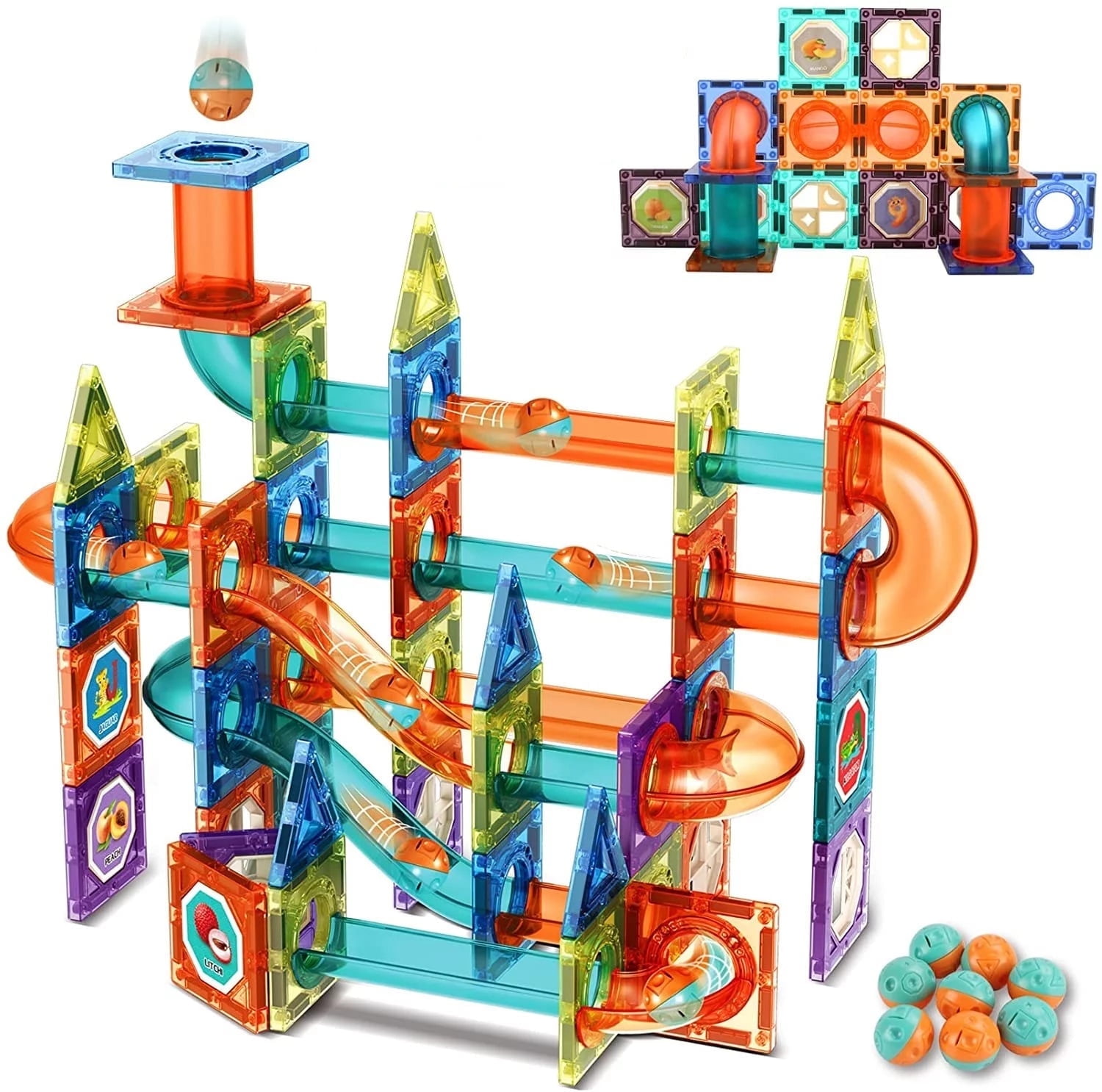 BEEPRINCESS Magnetic Tiles, 98 Pieces Magnetic Marble Run, 3D Magnetic Building Blocks for Kids, STEM Certified | Ages Children to Adult 3+