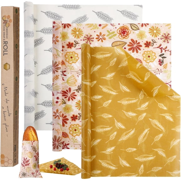 BeePure Reusable Beeswax Food - Eco-Friendly, Sustainable Roll (15"x80") - Plant & Bee Pattern for Food Storage