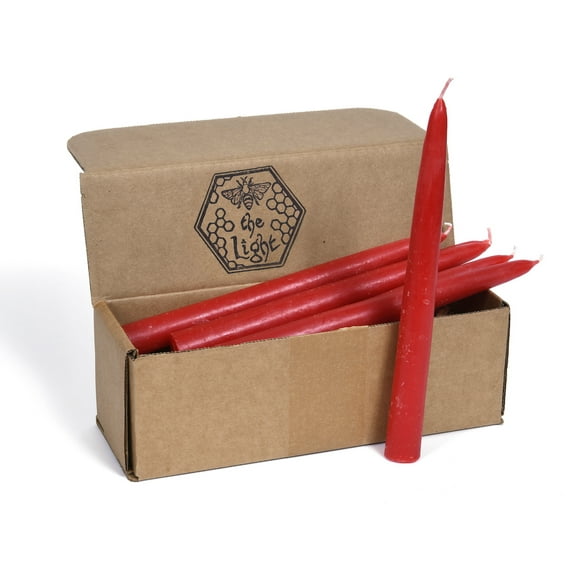 BeeTheLight Beeswax Taper Candles - Dipped Style - 10 Hours Each, 12 Pack, 120 Hours - 100% Pure Bees Wax - Handmade (8.5 inches, Red Blossom)