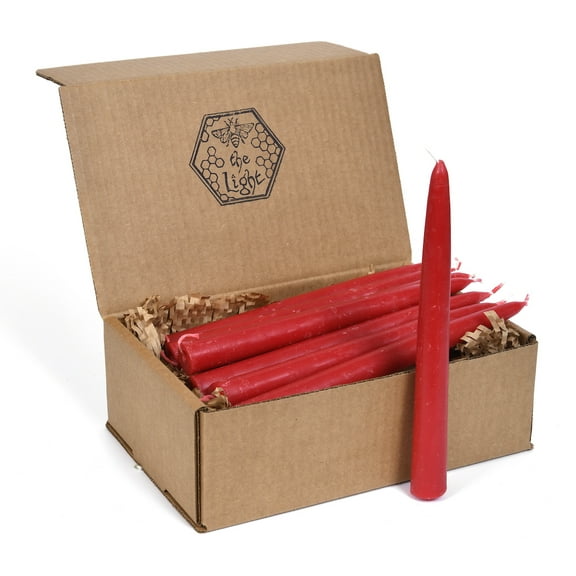 BeeTheLight Beeswax Taper Candles - Dipped Style - 10 Hours Each, 24 Pack, 240 Hours - 100% Pure Bees Wax - Handmade (8.5 inches (24 Pack), Red Blossom)
