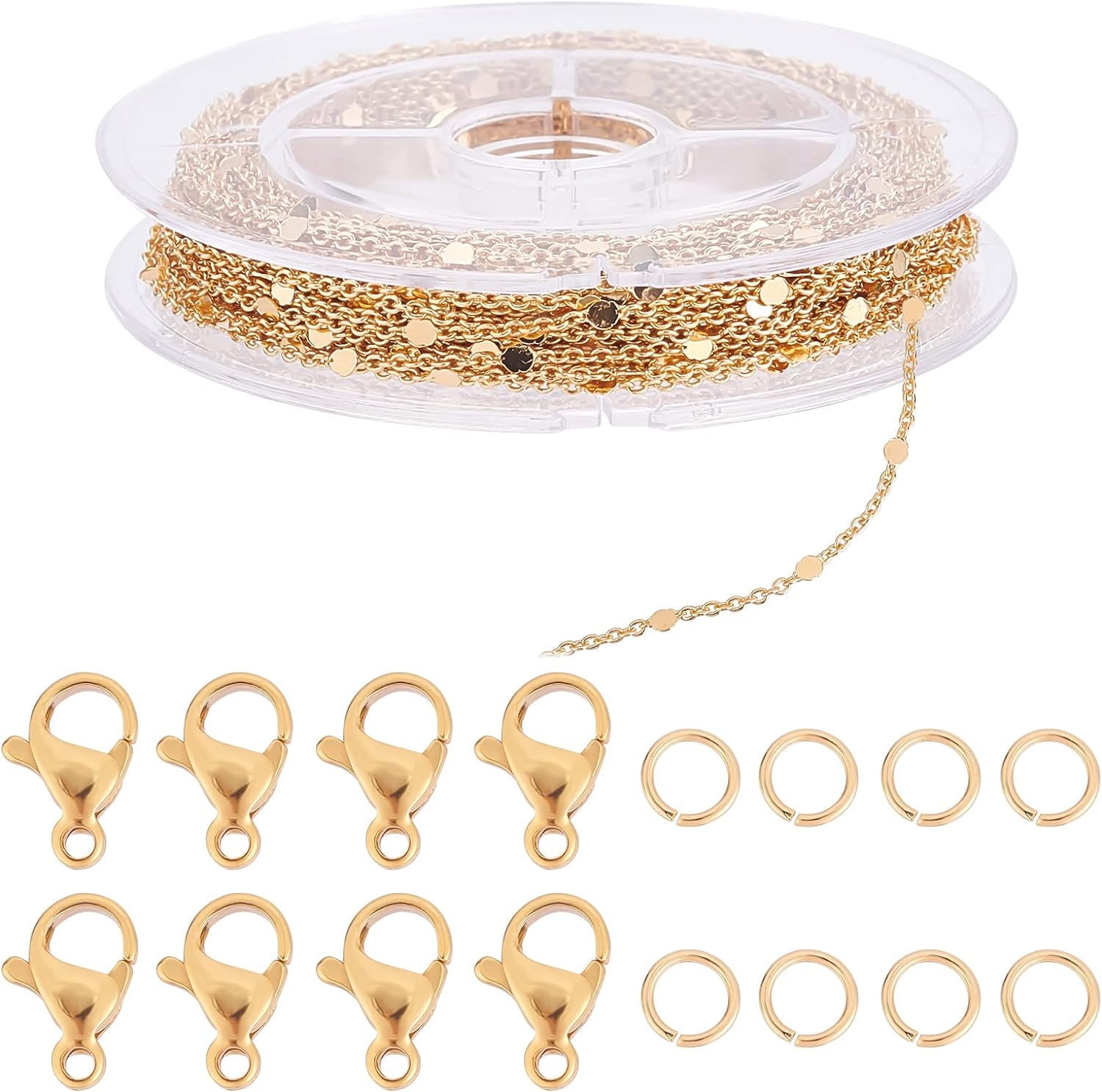 Beebeecraft - Chaîne Plaquée Or 18K Pour Fabrication Bijoux - 10m, Avec 20 Fermoirs Et 50 Anneaux - Câble à Maillons Ronds Plats