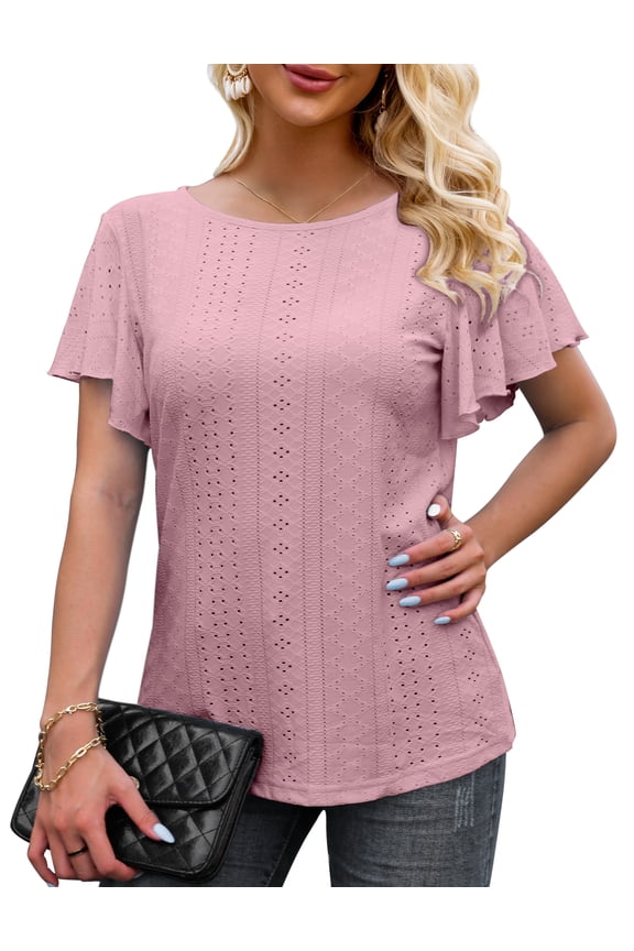 Women Casual Ruffle Short Sleeve Tops Summer Crew Neck Eyelet Shirts Flowy Dressy Tunic Blouses Brick Red L