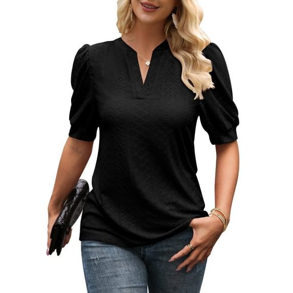 Beecarchil Women's Eyelet Puff Sleeve Tops V Neck Casual Loose Fit T Shirts Black S