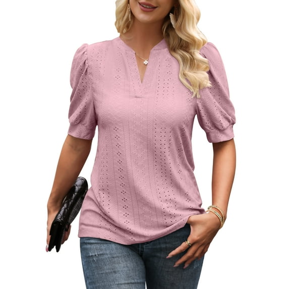 Beecarchil Women's Eyelet Puff Sleeve Tops V Neck Casual Loose Fit T Shirts Brick Red L