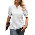 thumbnail image 1 of Beecarchil Women's Eyelet Puff Sleeve Tops V Neck Casual Loose Fit T Shirts White L, 1 of 4