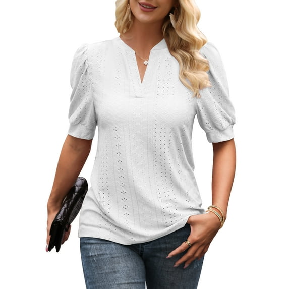 Beecarchil Women's Eyelet Puff Sleeve Tops V Neck Casual Loose Fit T Shirts White S