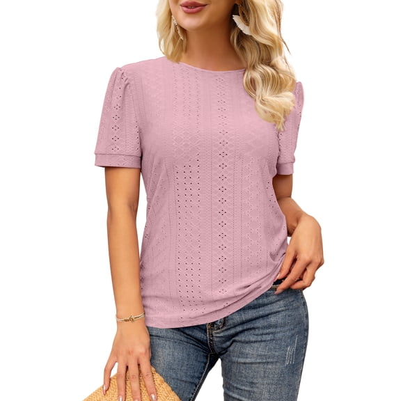 Beecarchil Womens Eyelet Short Sleeve Tops Crew Neck T-Shirt Dressy Casual Blouse Shirts Brick Red M