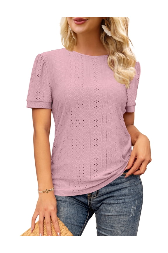 Womens Eyelet Short Sleeve Tops Crew Neck T-Shirt Dressy Casual Blouse Shirts Brick Red M