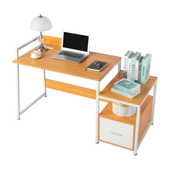 Beech Color Triamine Particleboard White Iron Pipe Cabinet, Multi-functional Storage with Drawer, USB Port, Three Sockets, Wireless Charging Computer Desk. Perfect for Home or Office Use