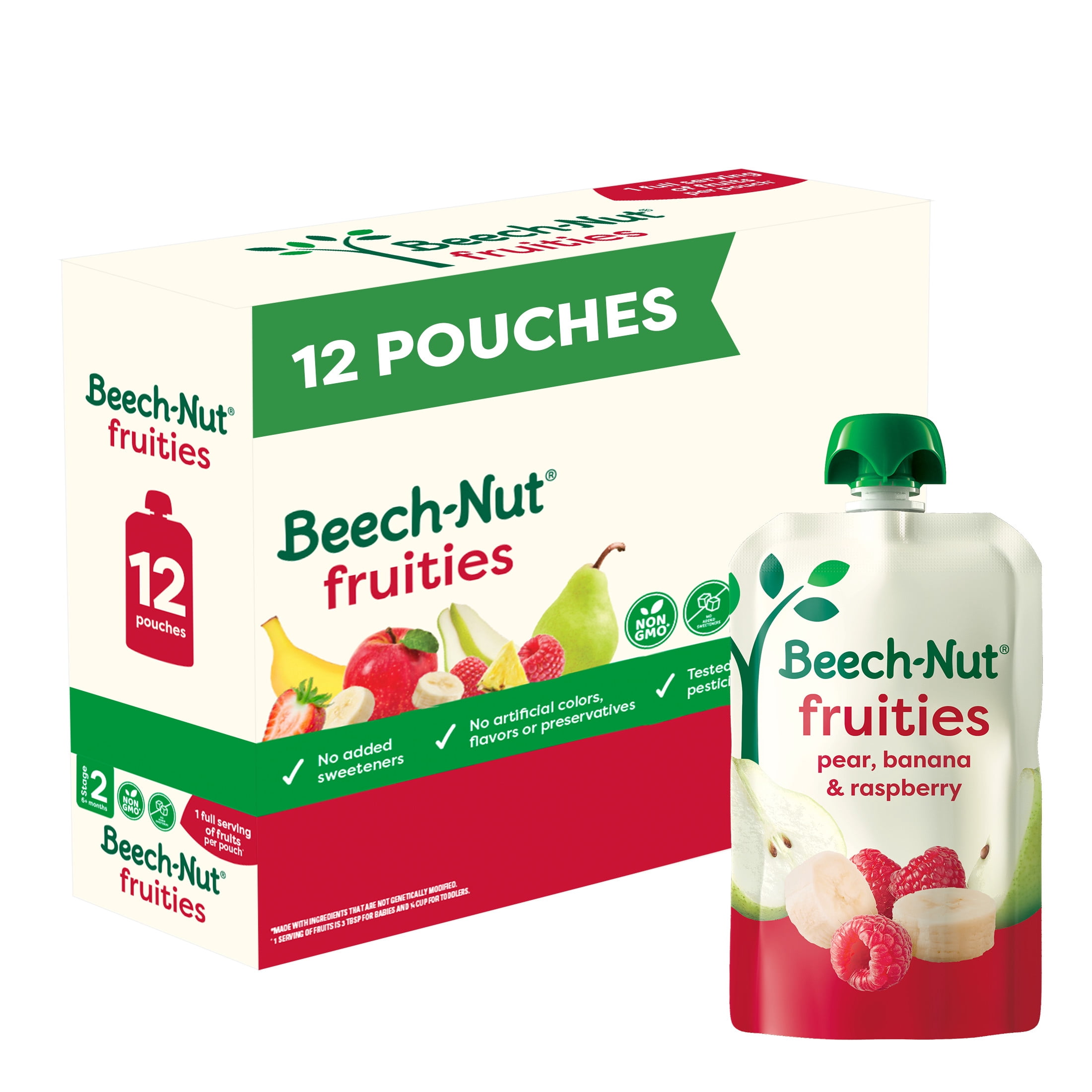 Beech-Nut Fruities Stage 2 Baby Food, Pear Banana & Raspberries, 3.5 oz Pouch (12 Pack)