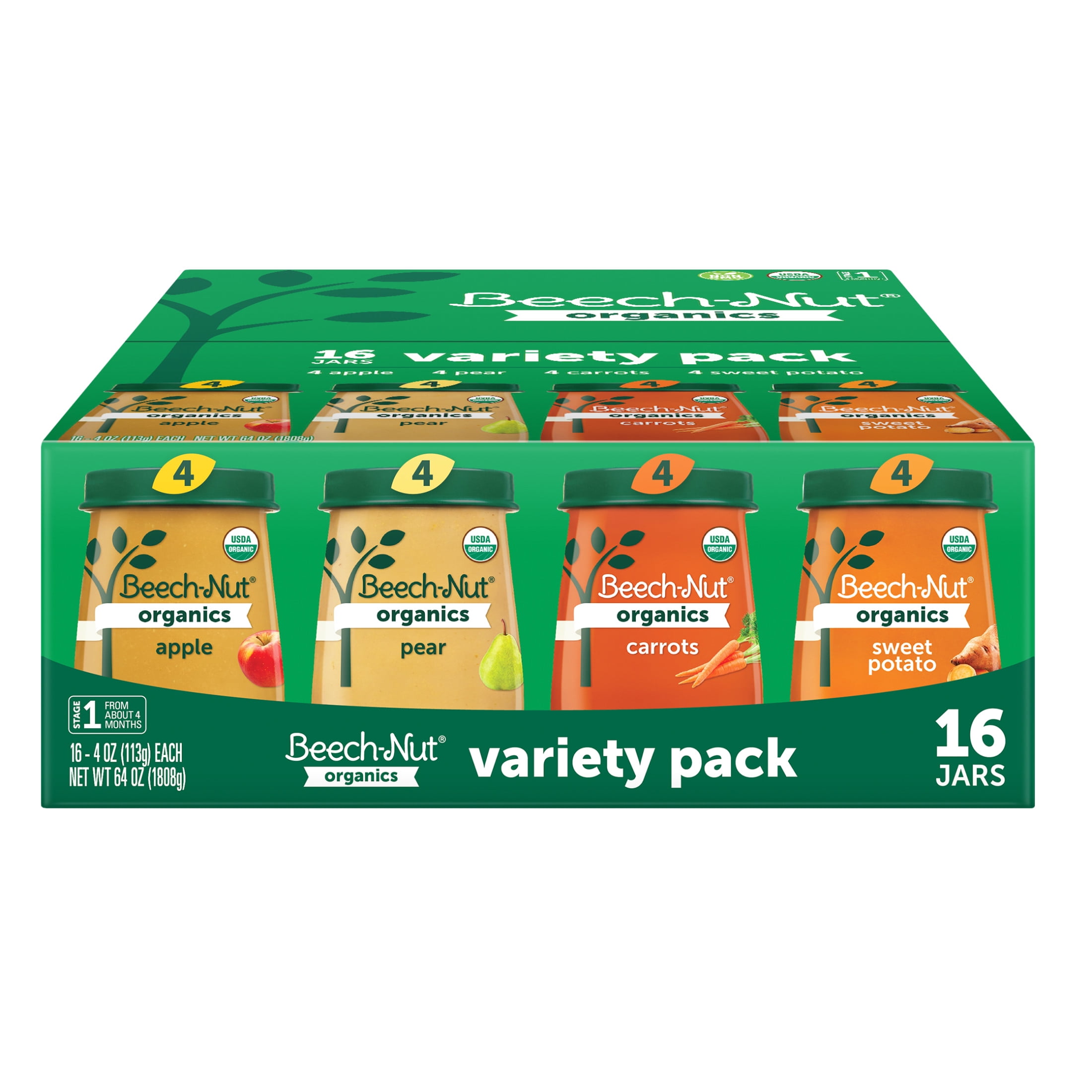 Beech-Nut Organics Stage 1 Baby Food Variety Pack, Fruit & Vegetable, 4oz Jar (16 Pack)