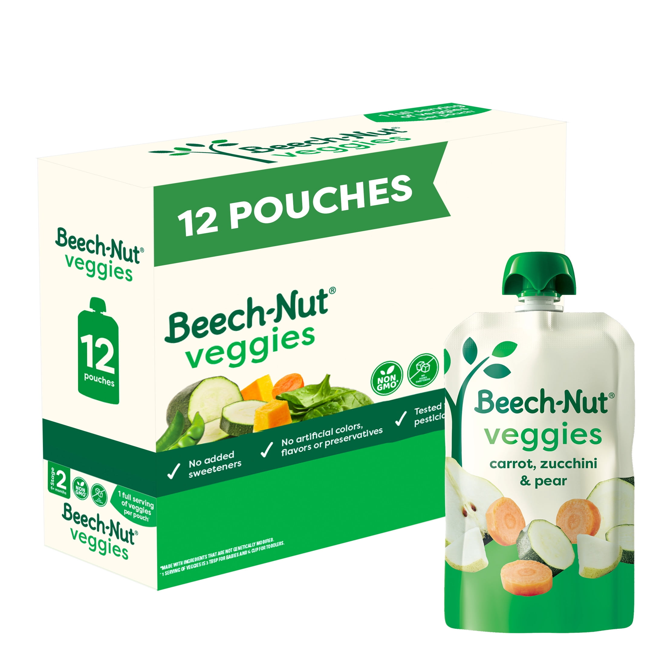 Beech-Nut Veggies Stage 2 Baby Food, Carrot Zucchini & Pear, 3.5 oz Pouch (12 Pack)