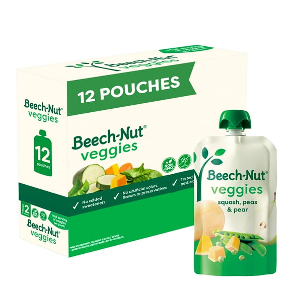 Beech-Nut Veggies Stage 2 Baby Food, Squash Peas & Pears, 3.5 oz Pouch (12 Pack)