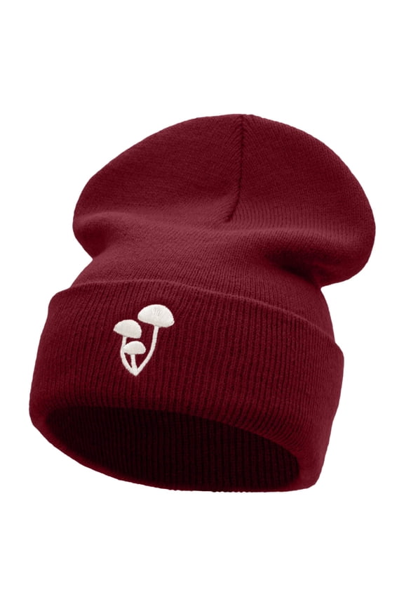 Beech Shrooms Embroidered 12 Inch Long Knitted Beanie - Maroon OSFM