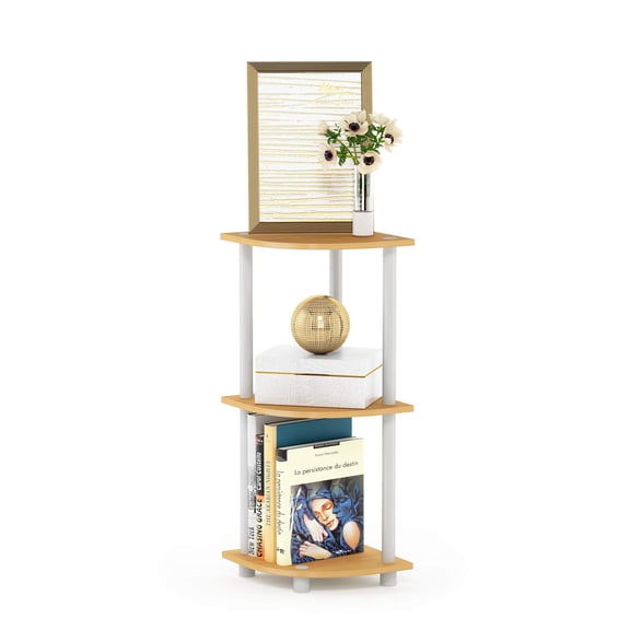 Beech/White 4-Tier Corner Shelf, Open Display Storage Unit For Living Room, Home Office Or Garage