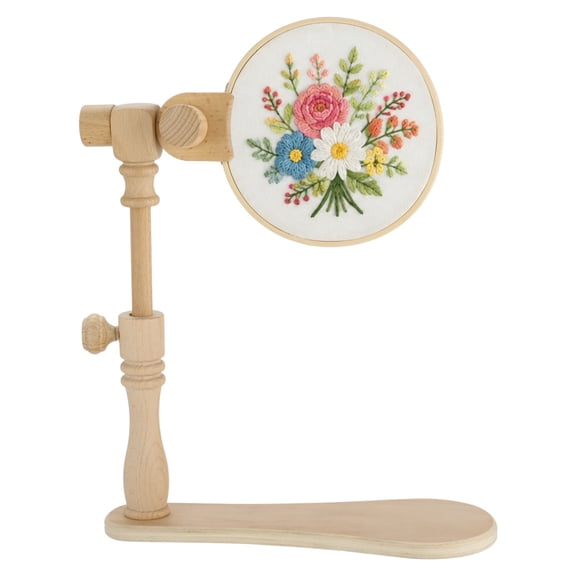 Embroidery Hoop Stand, Adjustable Wooden Cross Stitch Frame Holder, 6.3 in Ring, 360 Rotating Clamp, Wide Base for Needlework, Sewing Projects