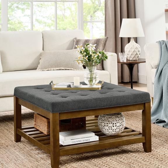 Beech Wood Coffee Table With Dark Gray Linen Top And Adjustable Feature Large Square 45d High Density Sponge, Linen,