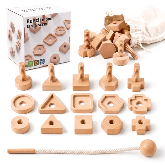 Beech Wood Large Screw and Nut Playset Montessori Shape Sorting Toy Lacing Beads for Kids Ages 3 4 5