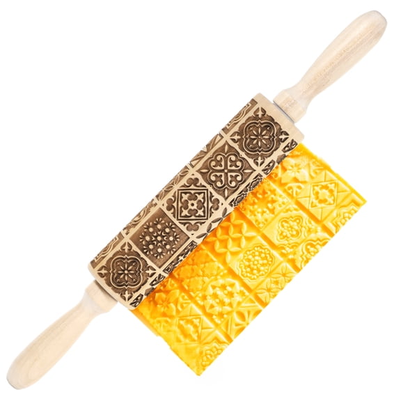 Beech Wood Rolling Pin, Vintage Pattern Cookie Stamp Roller, Embossed Biscuit Maker, Carved Cooker Press Kitchen Tool for Adults Festivals