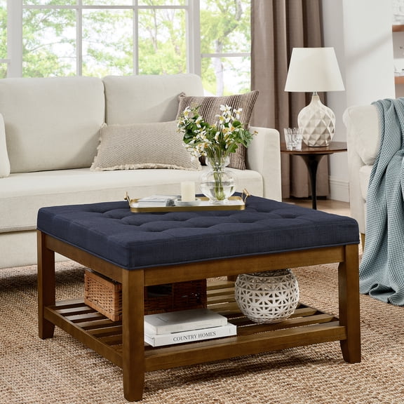 Beech Wood Shelf Coffee Table, Out In Navy Blue Linen , Spacious Footrest For Living Area Built With Wood, Ideal Space