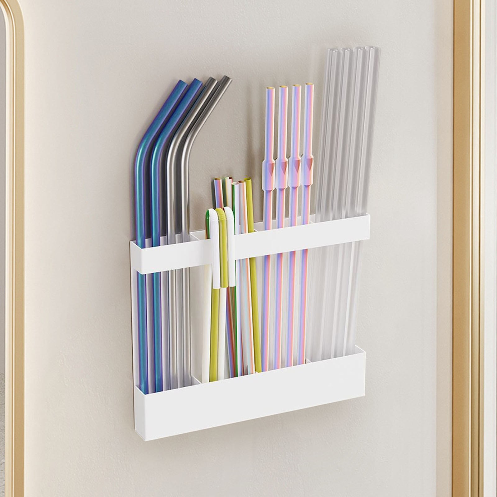 Beech Wood Straw Dispenser Holder | Cabinet & Countertop Organizer | Acrylic Straw Storage for Kitchen, Office & School | Includes 4 Adhesive Tapes