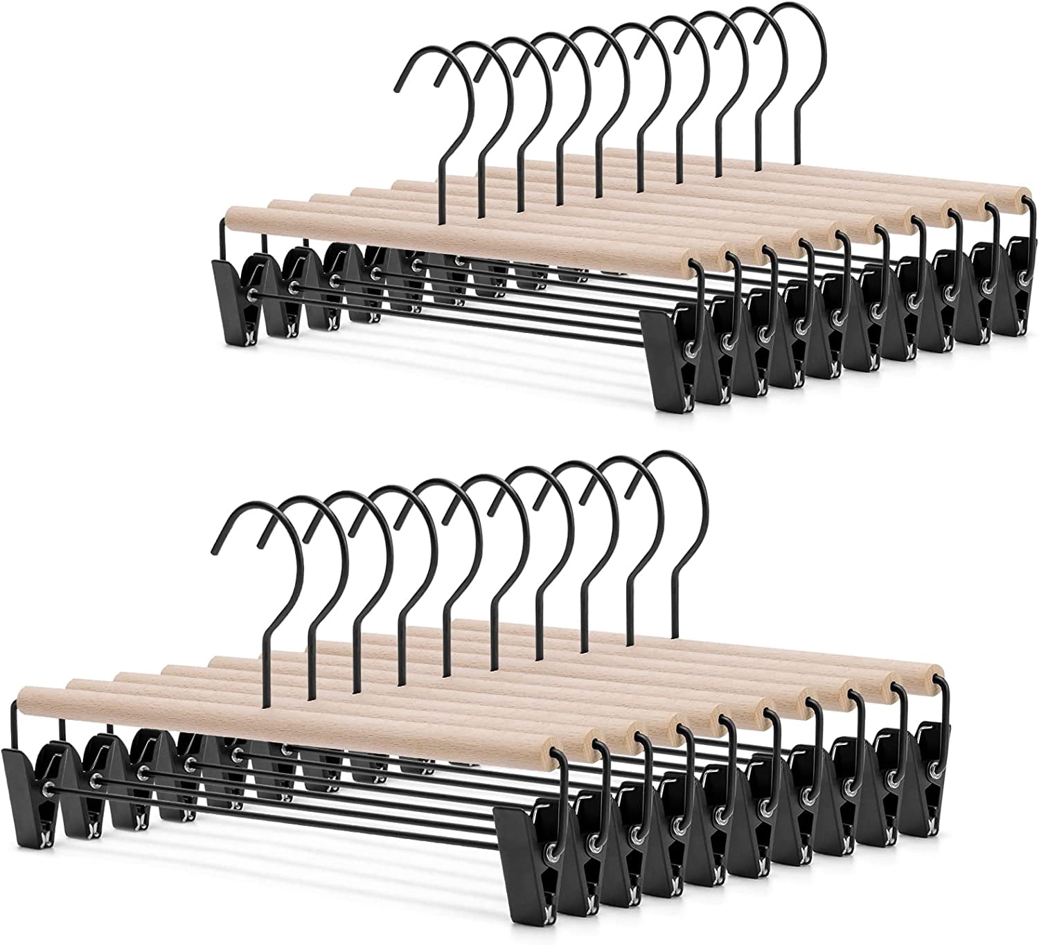 Beech Wooden Pants Hangers with Adjustable Black Clips and Hook, 20-Pack (Natural Wood and Black Metal)