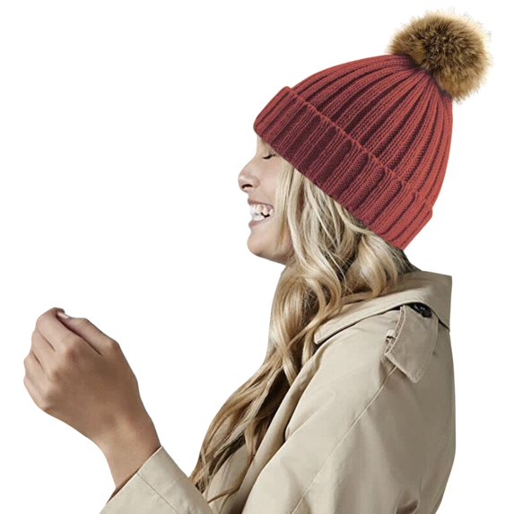 Beechfield Pom Pom Faux Fur Chunky Knit Beanie