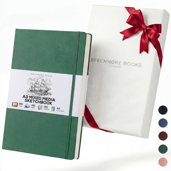 Beechmore Books A3 Sketchbook – 11.7x16.5" Premium Vegan Leather Bound Extra Large Sketch Book Hardcover, 160gsm 160 Perforated Ivory Pages, Blank Sketch Pad, Gift Boxed, Back Pocket, Ribbon Bookmark