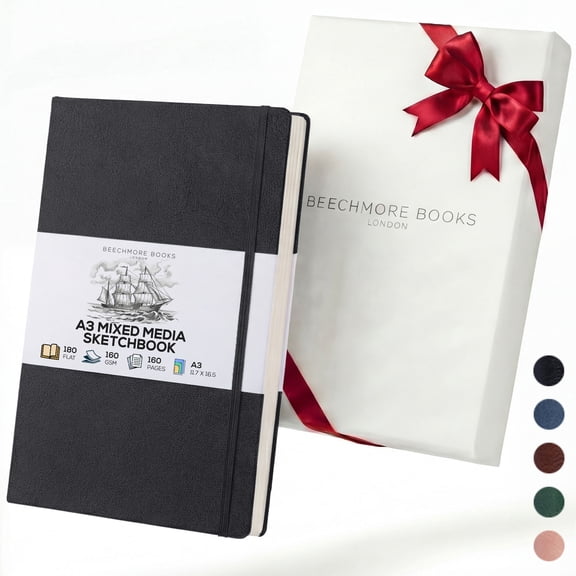 Beechmore Books A3 Sketchbook – 11.7x16.5" Premium Vegan Leather Bound Extra Large Sketch Book Hardcover, 160gsm 160 Perforated Ivory Pages, Blank Sketch Pad, Gift Boxed, Back Pocket, Ribbon Bookmark