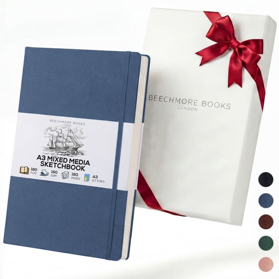 Beechmore Books A3 Sketchbook – 11.7x16.5" Premium Vegan Leather Bound Extra Large Sketch Book Hardcover, 160gsm 160 Perforated Ivory Pages, Blank Sketch Pad, Gift Boxed, Back Pocket, Ribbon Bookmark