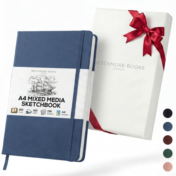 Beechmore Books A4 Sketchbook – 8.5x11" Premium Vegan Leather Bound Large Sketch Book Hardcover With 156 Thick 160gsm Perforated Ivory Pages, Blank Sketch Pad, Gift Boxed, Back Pocket Ribbon Bookmark