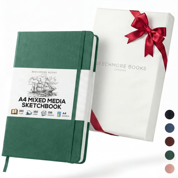 Beechmore Books A4 Sketchbook – 8.5x11" Premium Vegan Leather Bound Large Sketch Book Hardcover With 156 Thick 160gsm Perforated Ivory Pages, Blank Sketch Pad, Gift Boxed, Back Pocket Ribbon Bookmark