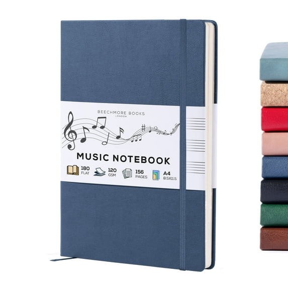 Beechmore Books Blank Sheet Music Notebook – A4 8.5x11.5" for Songwriters, Musicians & Composer, 156 Thick 120gsm Pages, 10-Staff Perforated Sheets, Vegan Leather Hardcover, Elastic Closure, Gift Box
