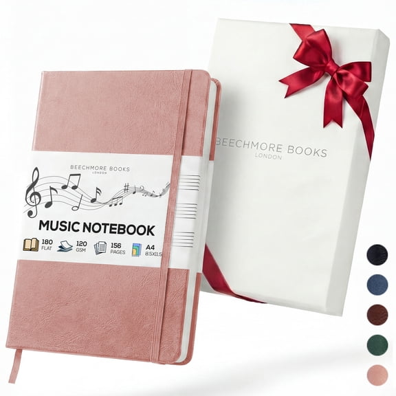 Beechmore Books Blank Sheet Music Notebook – A4 8.5x11.5" for Songwriters, Musicians & Composer, 156 Thick 120gsm Pages, 10-Staff Perforated Sheets, Vegan Leather Hardcover, Elastic Closure, Gift Box