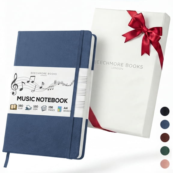 Beechmore Books Blank Sheet Music Notebook – A4 8.5x11.5" for Songwriters, Musicians & Composer, 156 Thick 120gsm Pages, 10-Staff Perforated Sheets, Vegan Leather Hardcover, Elastic Closure, Gift Box