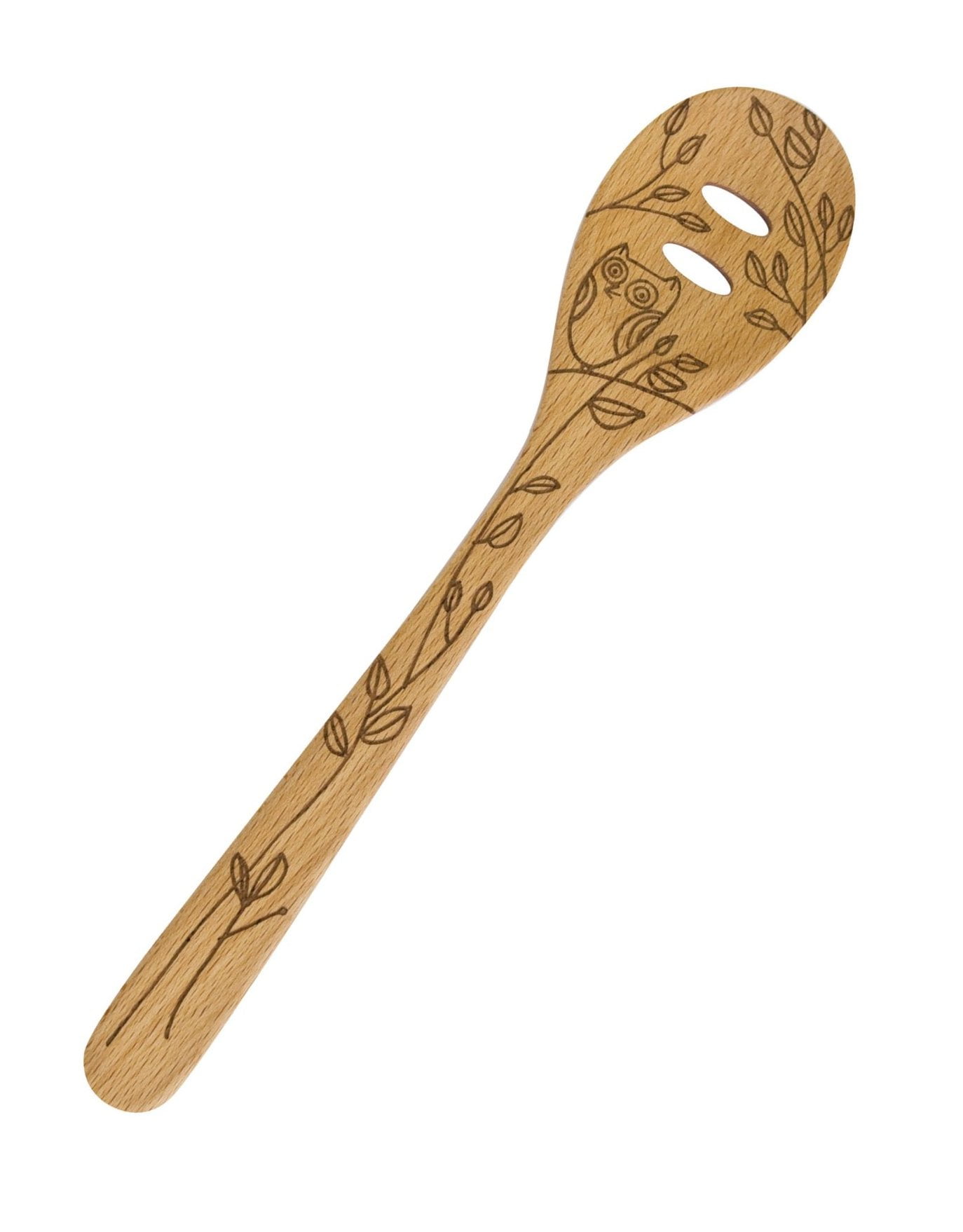 Beechwood 12" Slotted Spoon with Owl Etching